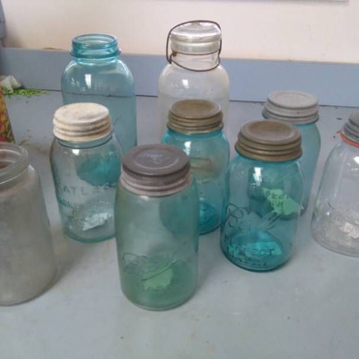 Blue and Clear Vintage Canning Jars with Zinc Lids