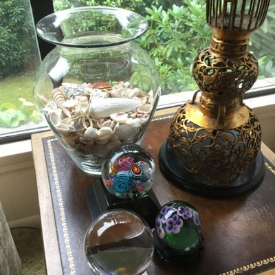 Blown Glass - Vase with Seashells, Baccarat Large SIrius Crystal Ball, Mark Eckstrand Sea Aquarium Paper Weight, Purple Pansie Paper...