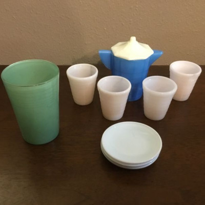 Vintage Akro Slag Glass Childâ€™s Play Dishes (Green Tumbler, Tea Pot/Pitcher, SmallmTumblers/ Shot glasses, small plates.