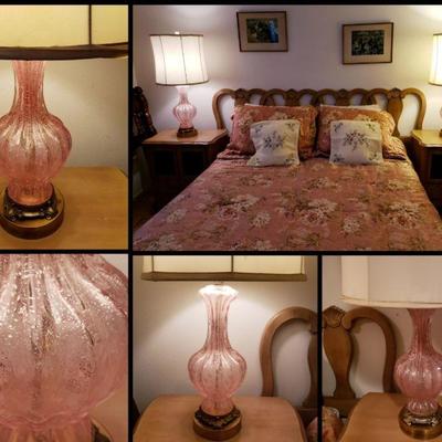 Vintage Murano Glass Lamps Pink Silver Foil