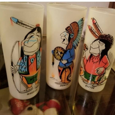 BILL T LORES TEXACO HUMOROUS FROSTED TALL INDIAN GLASS GLASSES SET- 3 VTG