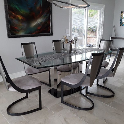 MIDI CENTURY/ MODERN GLASS  CHROME DINNING TABLE WITH 8 CHAIRS