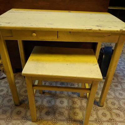 Lemon yellow farm house table/vanity with stool