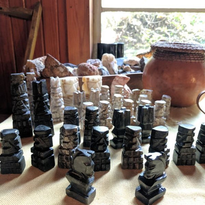 Alabaster marble Aztek Myan Carved chess pieces set
