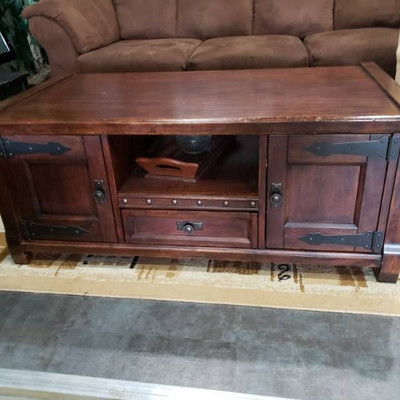 Dark Stained Coffee Table with Multiple Hidden Com ....