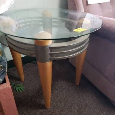 Glass Top Side Table with Modern Wooden Legs