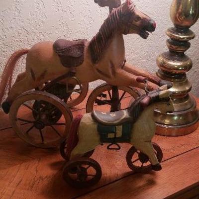 Antique carved wooden tricycle horse hand painted.