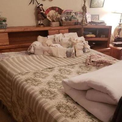 Queen Oak Bed with Mattress, Foundation, built in storage