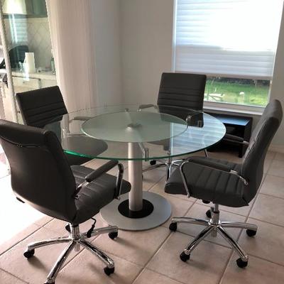 - Contemporary Nickel &Chrome Glass top Pedestal Dinette w/4 Light Gray Adjustable Caster Chairs - $650 (53" Round)