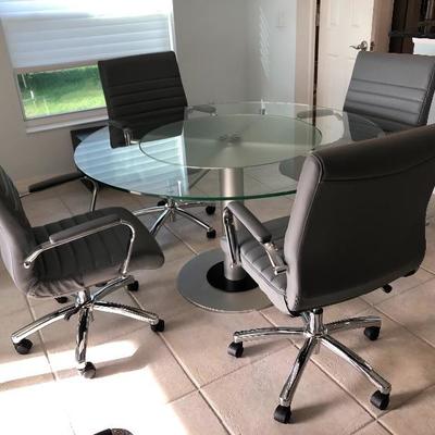 - Contemporary Nickel &Chrome Glass top Pedestal Dinette w/4 Light Gray Adjustable Caster Chairs - $650 (53" Round)