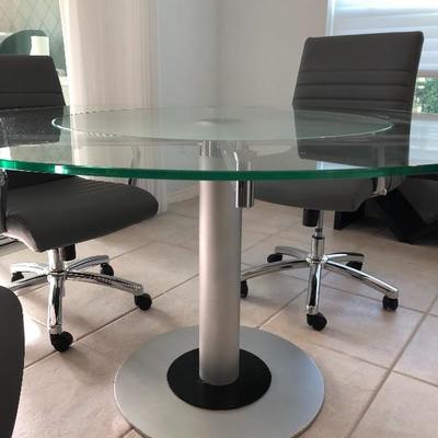 - Contemporary Nickel &Chrome Glass top Pedestal Dinette w/4 Light Gray Adjustable Caster Chairs - $650 (53" Round)