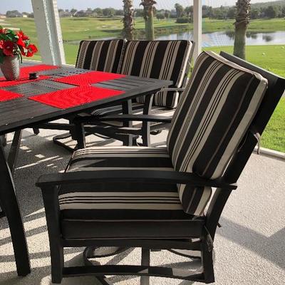 - Black Metal Lanai Table w/6 Chairs & Cushions - $150
          (42W  75L  29H) 