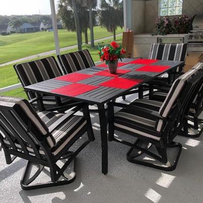- Black Metal Lanai Table w/6 Chairs & Cushions - $150
          (42W  75L  29H) 