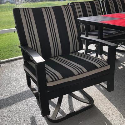 - Black Metal Lanai Table w/6 Chairs & Cushions - $150
          (42W  75L  29H) 