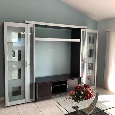 - Nickel & Glass Media Center - $320 ALL (Save $30!) or by Section:
	2 Large Lighted Curio Towers - $125 EACH (29W  80H)
	2 Slender...