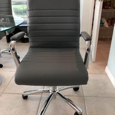 - Contemporary Nickel &Chrome Glass top Pedestal Dinette w/4 Light Gray Adjustable Caster Chairs - $650 (53" Round)