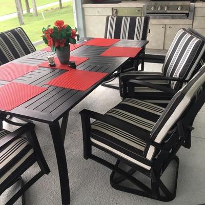 - Black Metal Lanai Table w/6 Chairs & Cushions - $150
          (42W  75L  29H) 