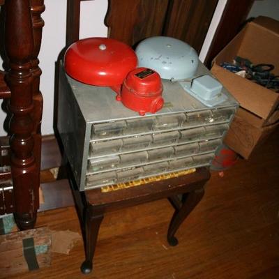 Wall Mount Alarm Bells Large Parts Storage Cabinet Loaded with inventory 