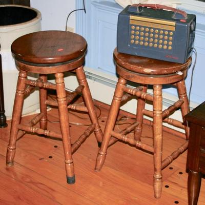 Pair of Swivel Top all Wood Bar Stools Also Vintage RCA Victor Portable Radio 