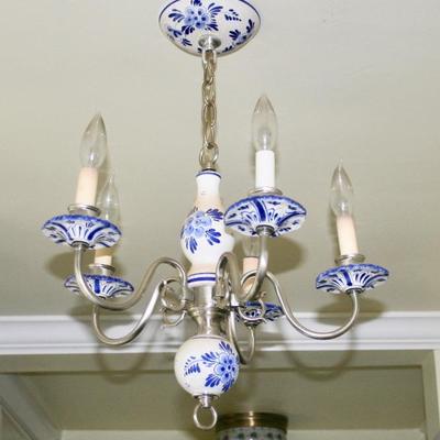 VINTAGE 5 LIGHTS HOLLAND DELFT PORCELAIN BLUE & WHITE CEILING FIXTURE CHANDELIER