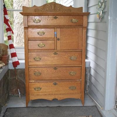 C.1890's Era Oak Chest of Drawers with Top Hat Storage Cabinet 