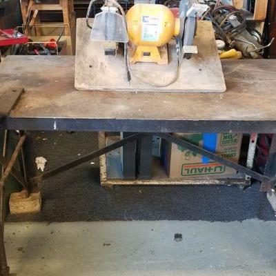 Metal Work Table, Vice, and Grinder