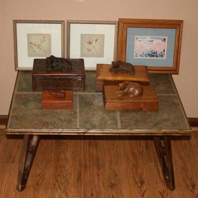 Collection of Hand Craved Wooden Dresser Boxes with Bears & Table 
