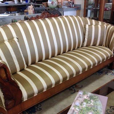 Hollywood Regency/Deco couch = 0ne of two.  Gorgeous swan carved rosewood frame