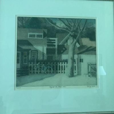 Print of bicycle in front o house (signed)