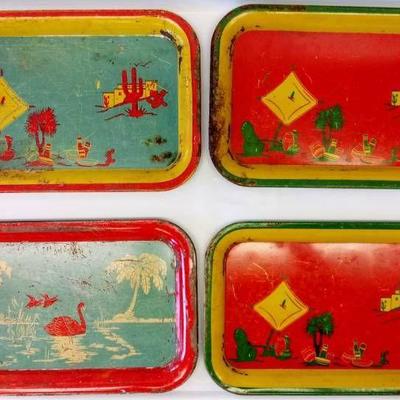 Lot of 4 Vintage Metal Trays- Southwestern Themed- ...