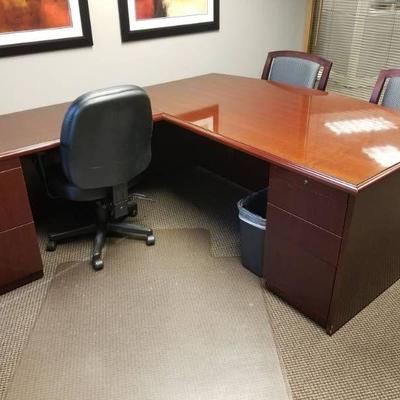 L Shaped Wood Desk, Computer Chair, Mat, 2 Office