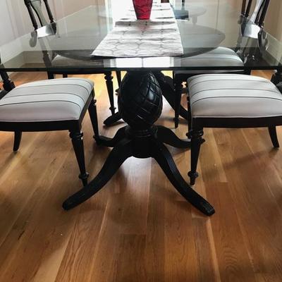 Stanley 2 pineapple pedestal and glass dining table $450
79 X 46 X 30"
Stanley side chair $85 each 6 available SOLD
Stanley arm...