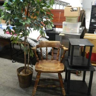 Fake Tree , Wood Chair and Two Side Tables Lot