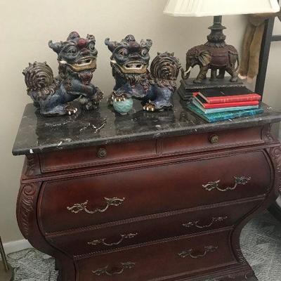 Pair of Foo Dogs, Bombay Marble Top Chest 