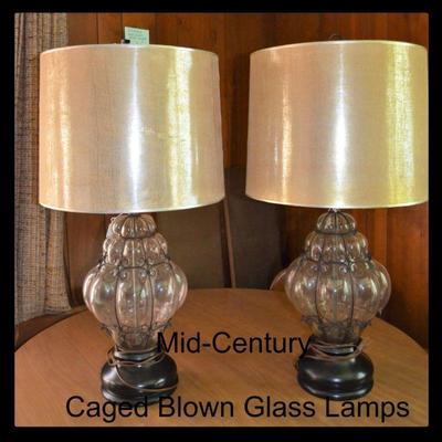 Mid-Century caged blown glass lamps