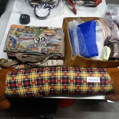 Lot of misc fabric, dog and hand bags.