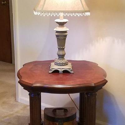 Inlaid Table, Lamp, Box