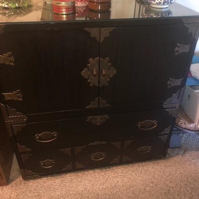 Imported lacquer black Asian cabinet $300