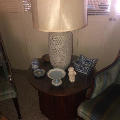 Vintage single, round glass top cabinet end table $35
