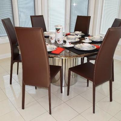 Round Dining Table w/6 Leather Chairs