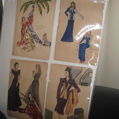 ARTIST SIGNED SET OF 8 WATERCOLOR FASHION DESIGNER PICS