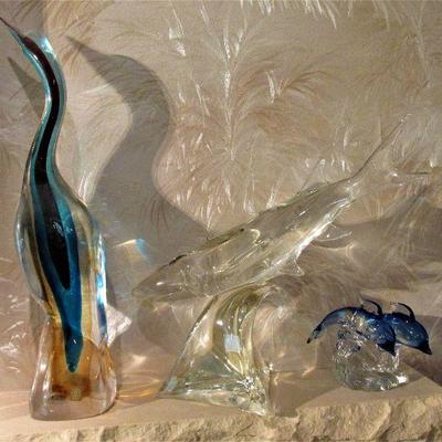 Murano glass heron & glass shark