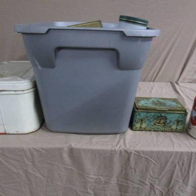 Tote of Vintage Tins and Boxes, Bread Box