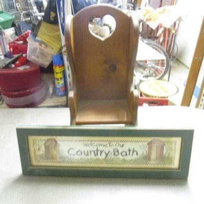 Country Bath Framed Sign and Wood Doll Chair