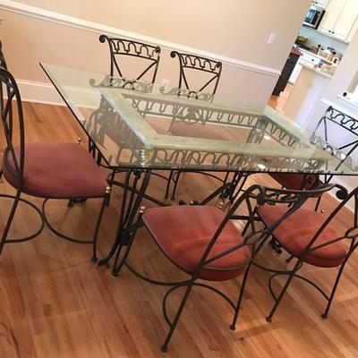 Iron, composite marble and glass dining table and 6 chairs $695
table is 72  X 44 X 30