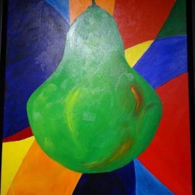 Framed original oil pear by Sharon Engle.