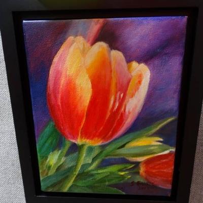 Framed original oil tulip by Sharon Engle.