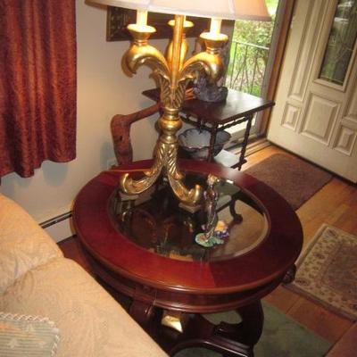 Matching Beveled Glass End Tables With Brass Lighting 
