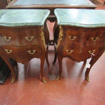 Pair of Bombay two drawer night stands with marble tops