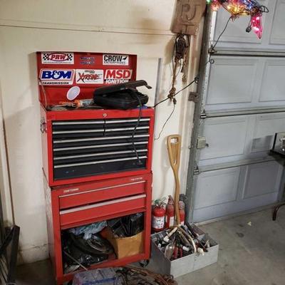 203: Craftsman tool box with assorted tools, cheif winch, fire extinguishers, and more
Top and bottom craftsman tool box, cheif winch, 4...